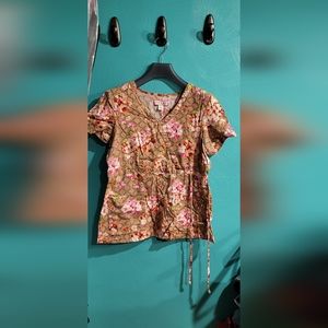 Koi, Medium, floral design scrub top,tan/pink/white